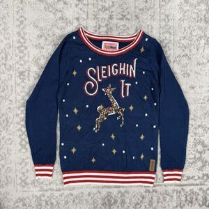 Sleighin' It Ugly Christmas Sweater Tipsy Elves Reindeer Navy, Womens Size Small